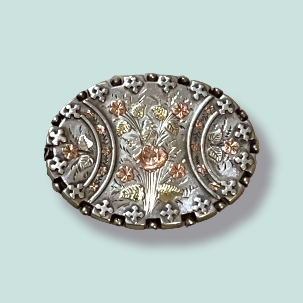Antique Victorian Signed WCM Sterling Silver & Rose Gold Floral Pin / Brooch